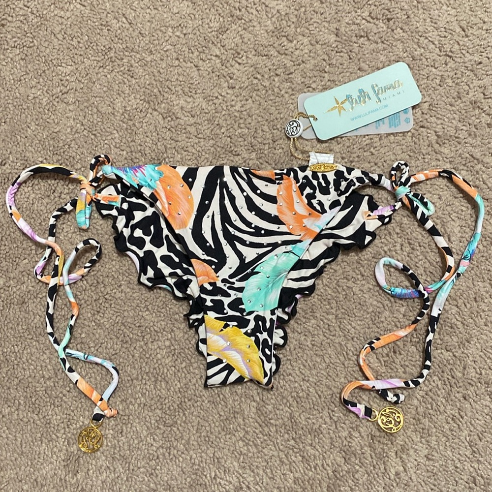 Luli Fama Buena Vista Crystallized Brazilian Ruched Back Tie Side Bottom Size XS